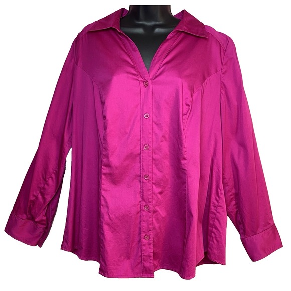 Lane Bryant Shirt Size 20 Hot Pink Button Up Long Sleeve Stretch Cotton Blouse‎ - Picture 1 of 7
